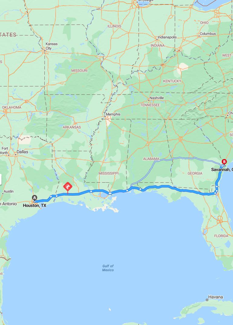 driving from Houston, Texas to SavannahGeorgia - map and route
