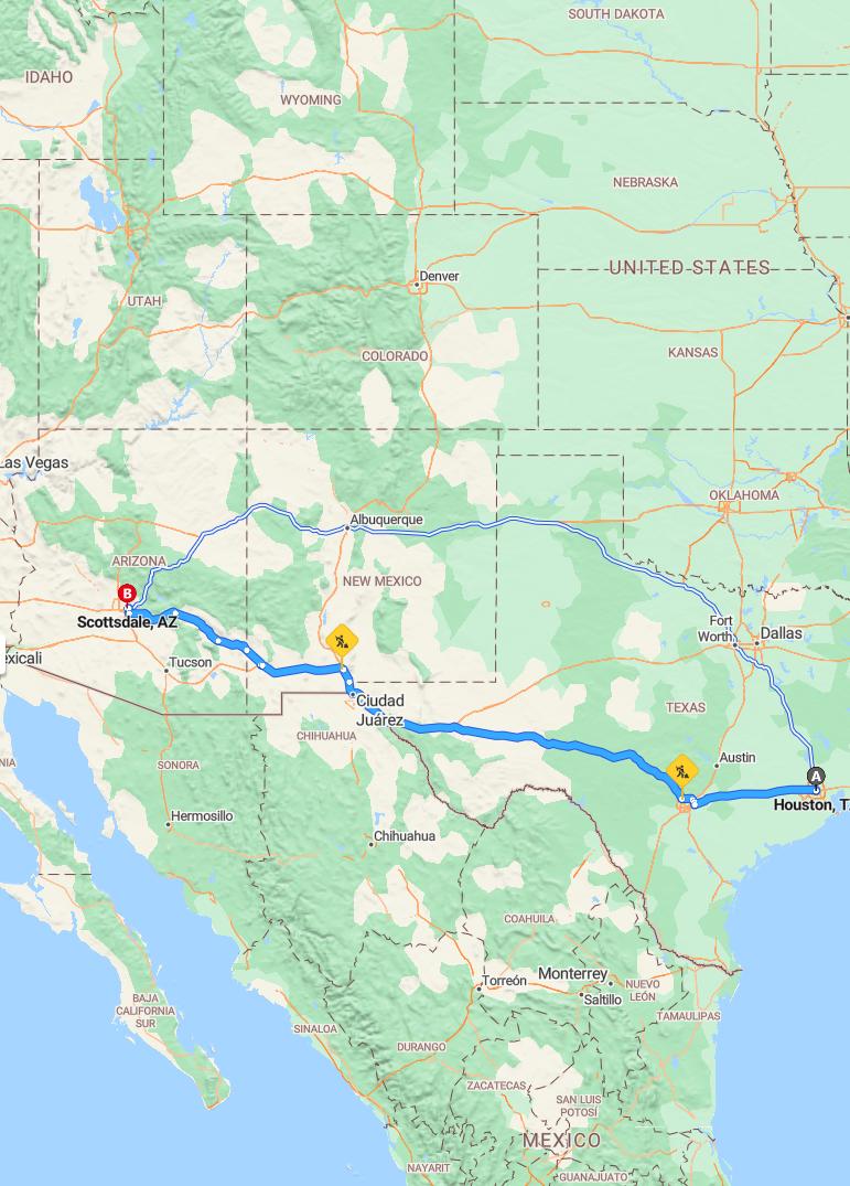 driving from Houston, Texas to ScottsdaleArizona - map and route