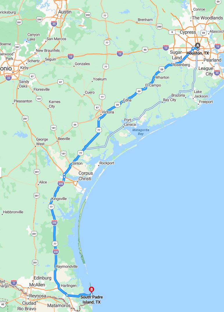 driving from Houston, Texas to South Padre IslandTexas - map and route