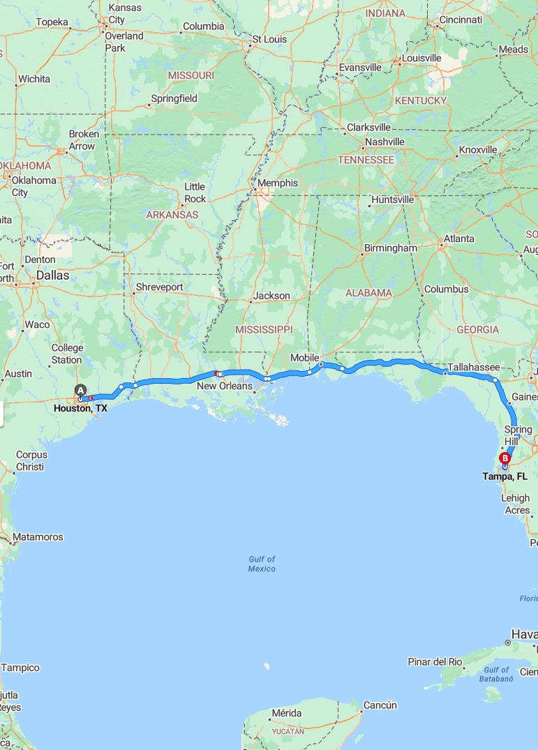 driving from Houston, Texas to TampaFlorida - map and route