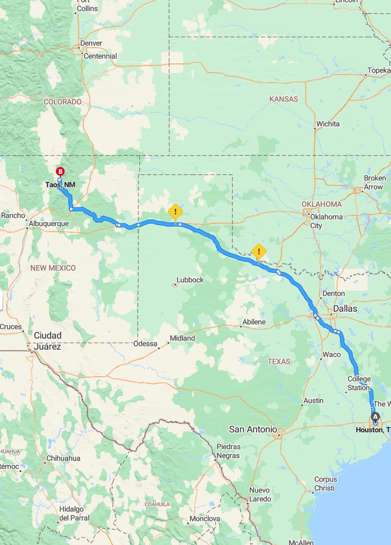 driving from Houston, Texas to TaosNew Mexico - map and route