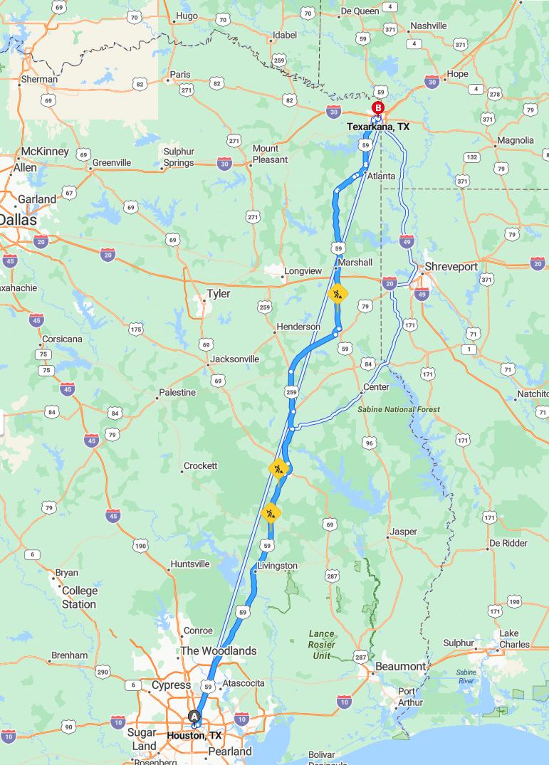 driving from Houston, Texas to TexarkanaTexas - map and route