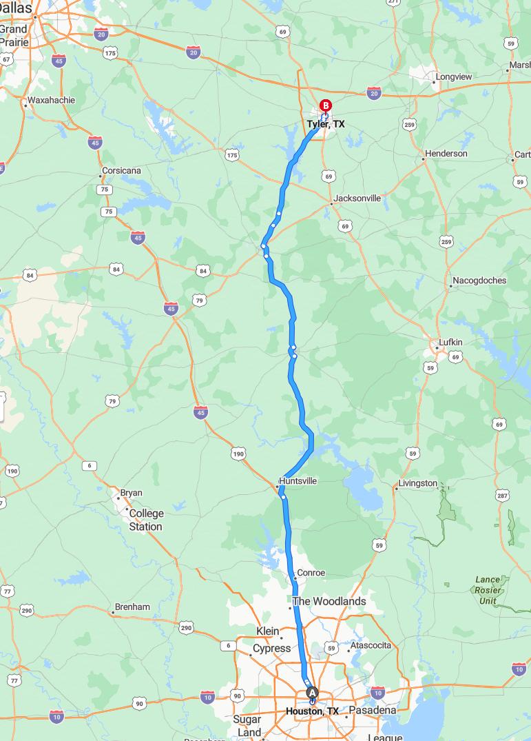 driving from Houston, Texas to TylerTexas - map and route