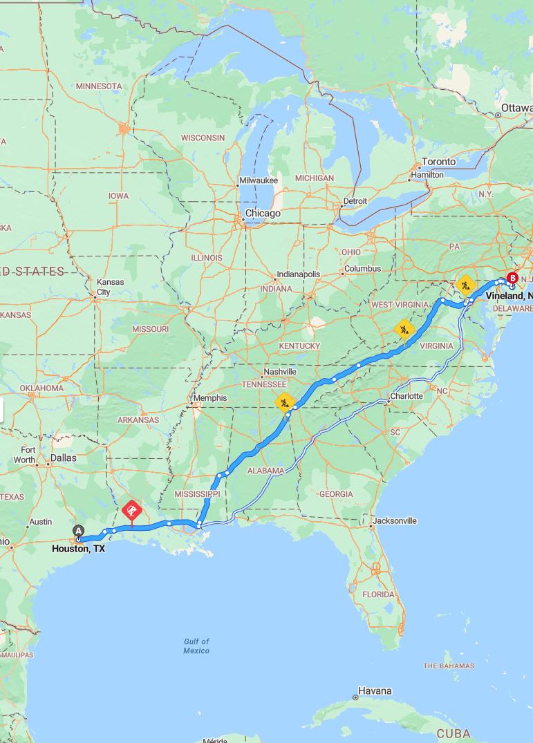 driving from Houston, Texas to VinelandNew Jersey - map and route