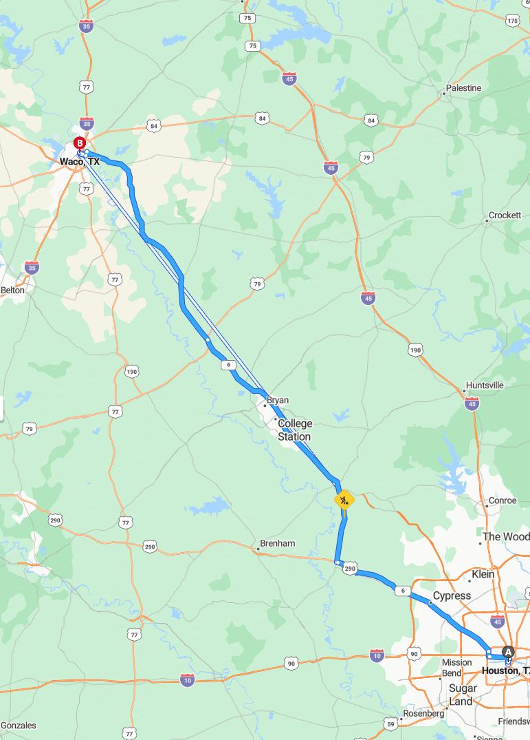driving from Houston, Texas to WacoTexas - map and route