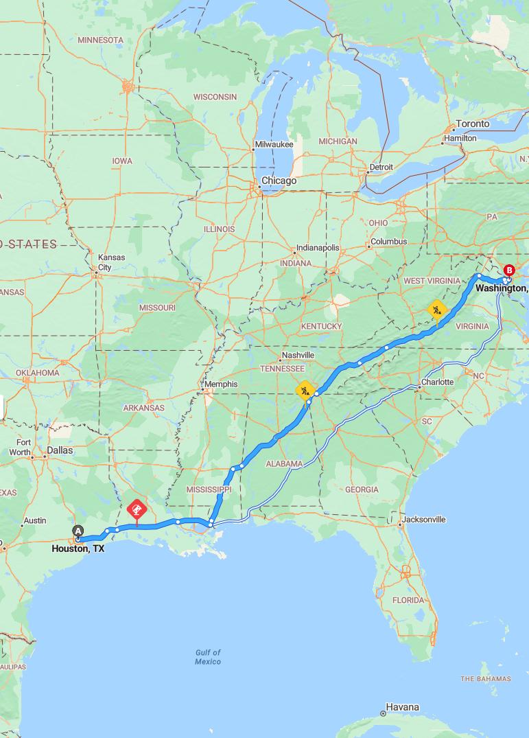 driving from Houston, Texas to WashingtonDistrict of Columbia - map and route