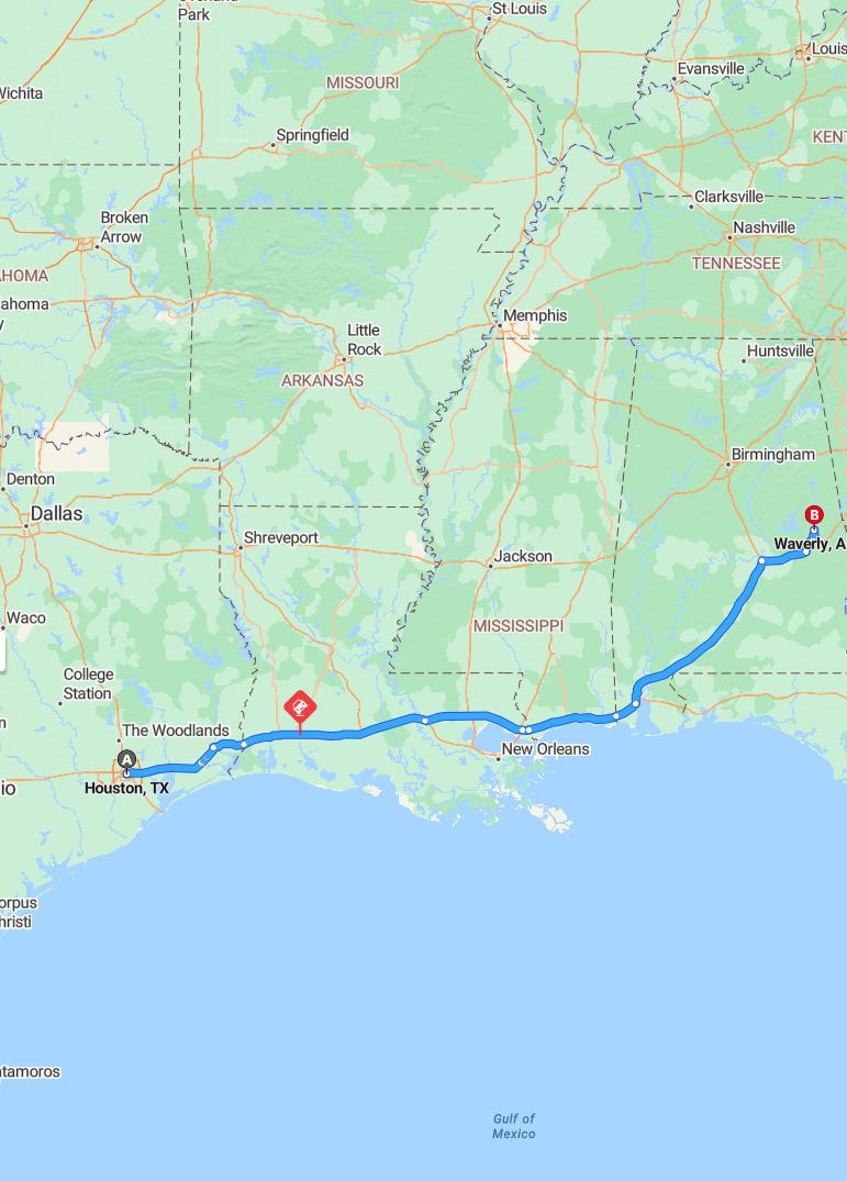 driving from Houston, Texas to WaverlyAlabama - map and route