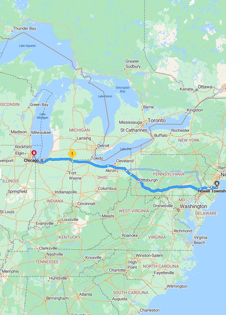 driving from Howell, New Jersey to ChicagoIllinois - map and route
