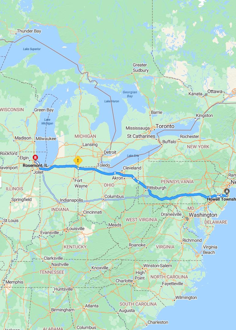driving from Howell, New Jersey to RosemontIllinois - map and route