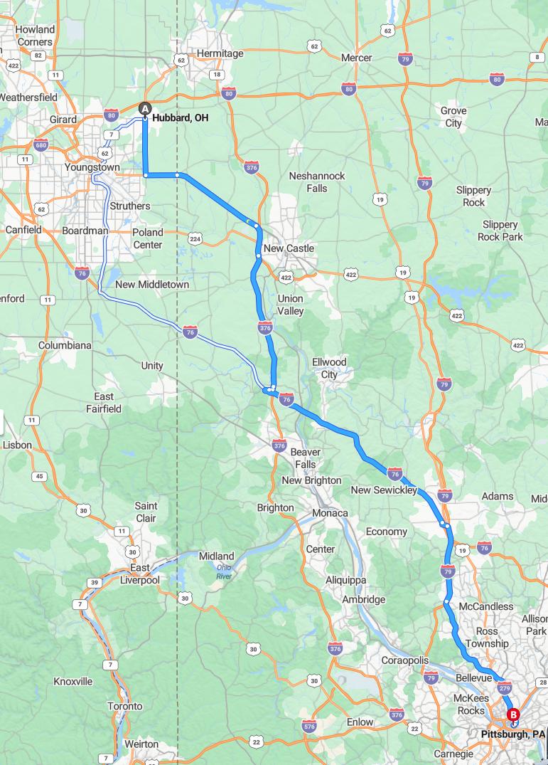 driving from Hubbard, Ohio to PittsburghPennsylvania - map and route