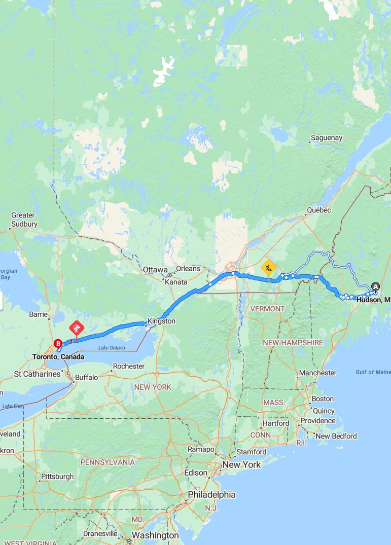 driving from Hudson, Maine to TorontoOntario - map and route