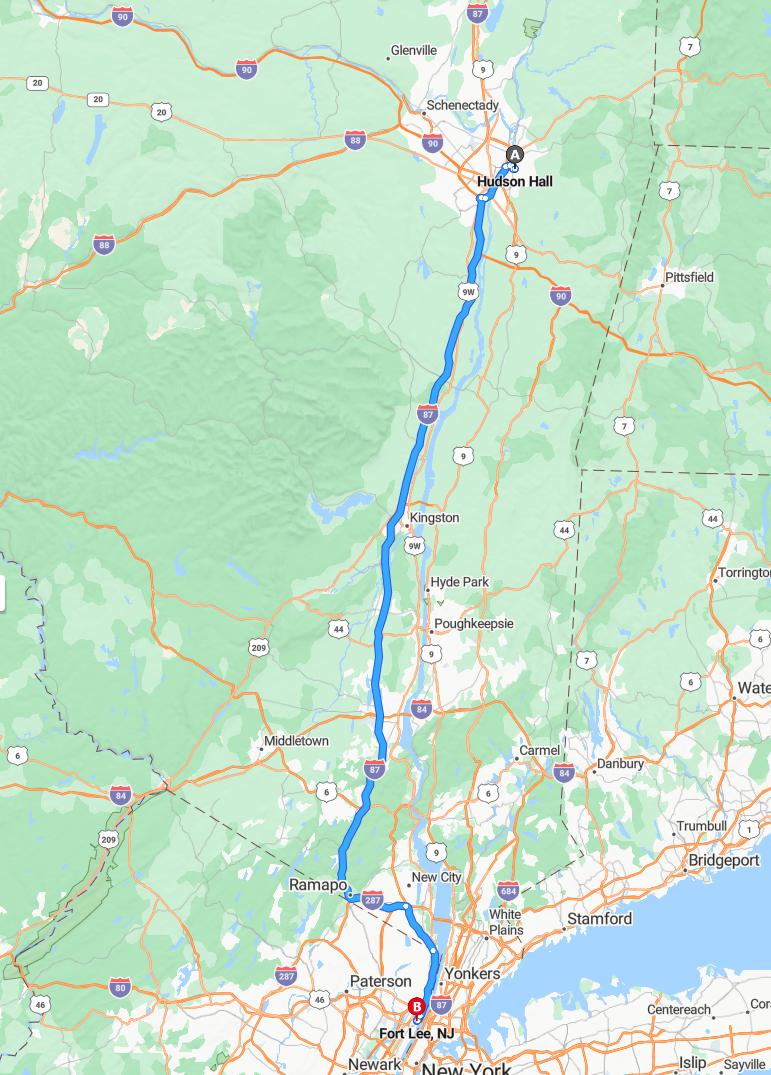 driving from Hudson Valley, New York to Fort LeeNew Jersey - map and route