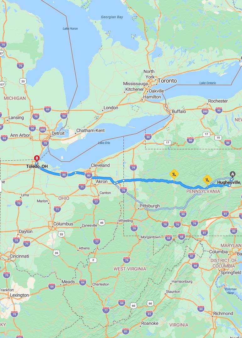 driving from Hughesville, Pennsylvania to ToledoOhio - map and route