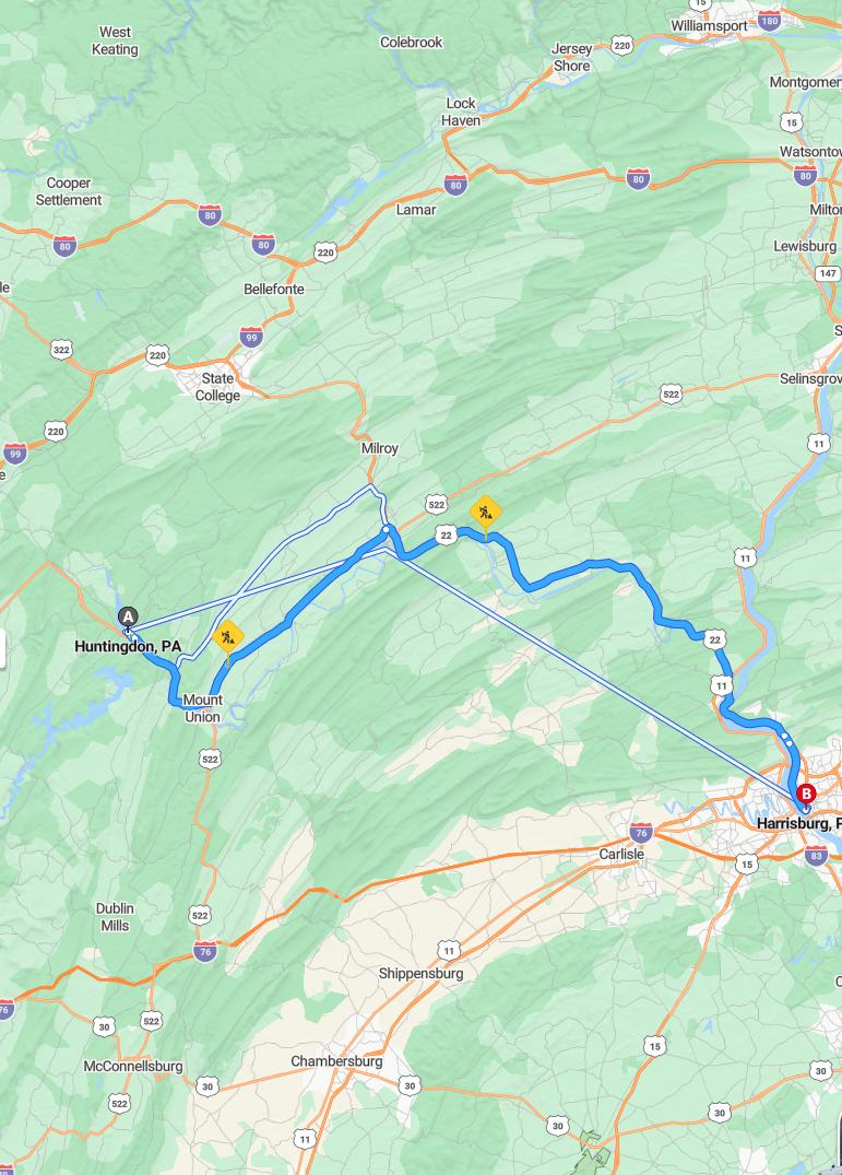 driving from Huntingdon, Pennsylvania to HarrisburgPennsylvania - map and route