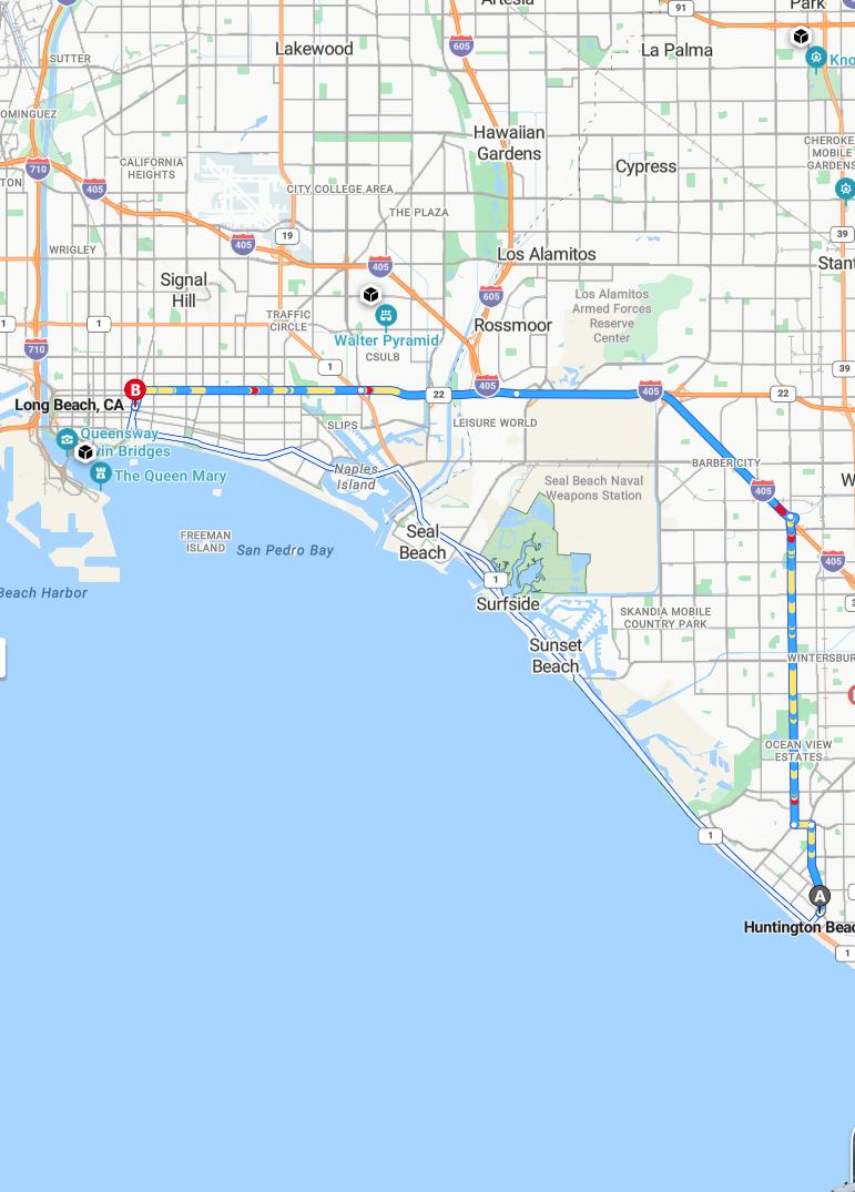 driving from Huntington Beach, California to Long BeachCalifornia - map and route