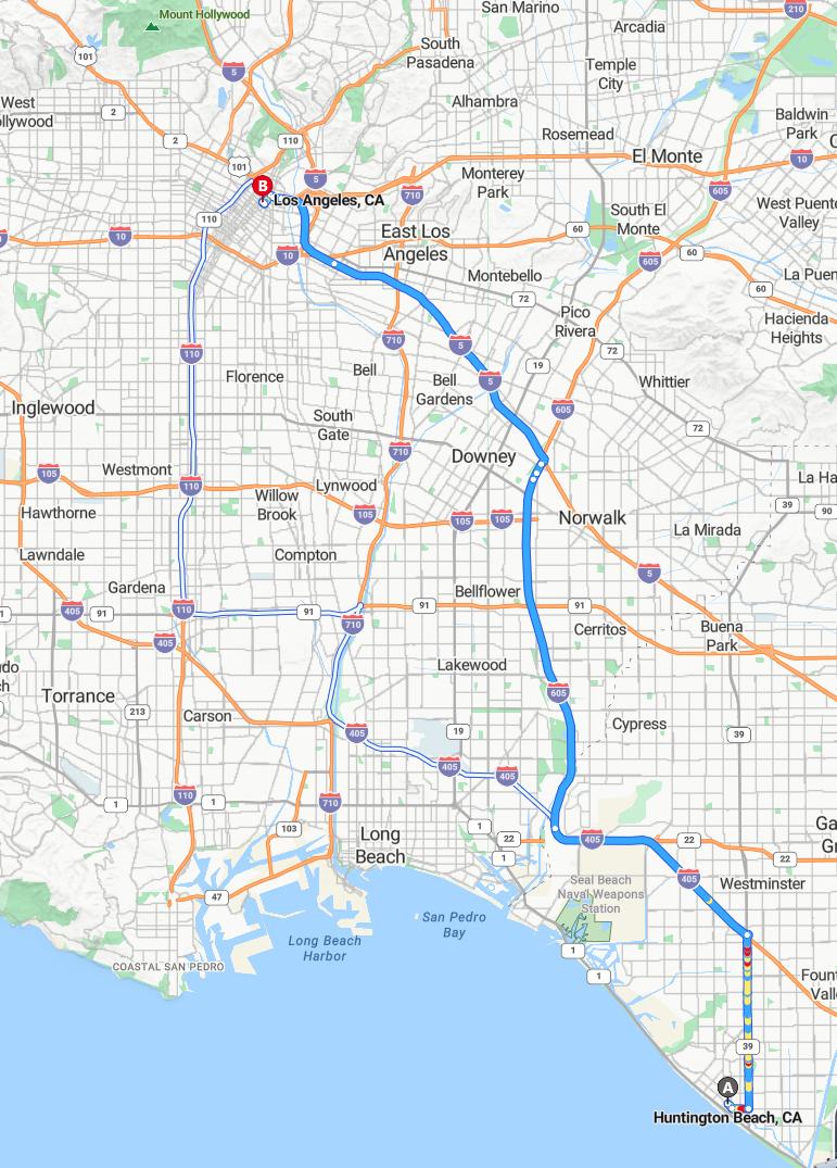 driving from Huntington Beach, California to Los AngelesCalifornia - map and route