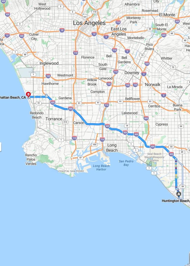 driving from Huntington Beach, California to Manhattan BeachCalifornia - map and route