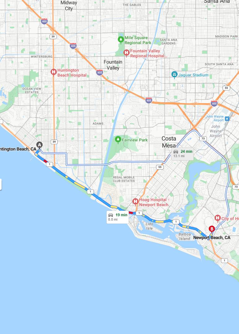 driving from Huntington Beach, California to Newport BeachCalifornia - map and route