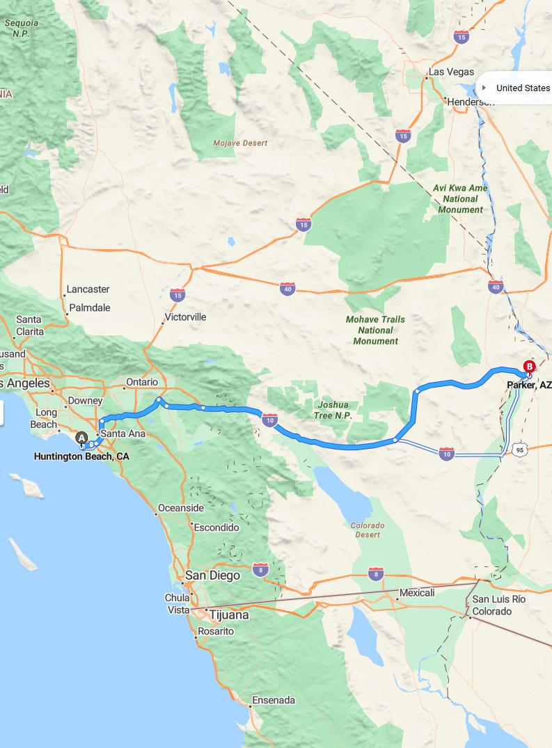 driving from Huntington Beach, California to ParkerArizona - map and route