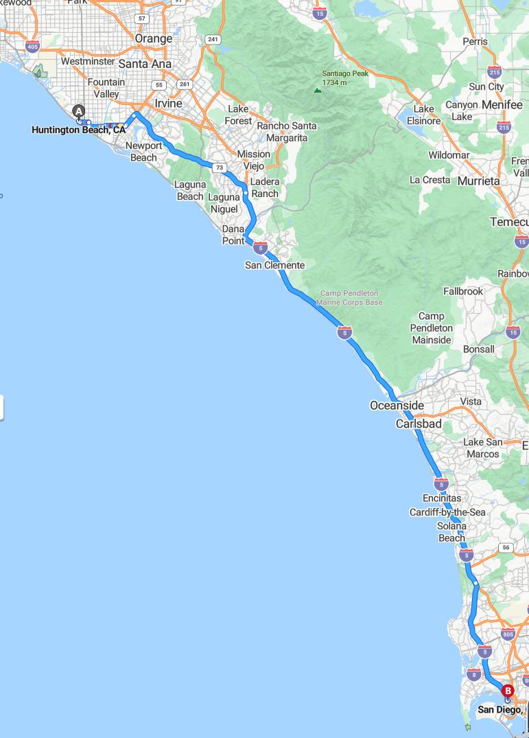 driving from Huntington Beach, California to San DiegoCalifornia - map and route