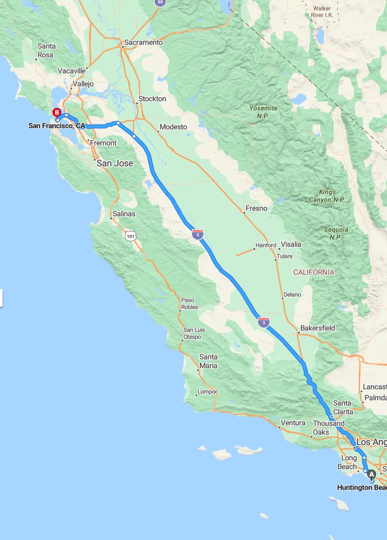 driving from Huntington Beach, California to San FranciscoCalifornia - map and route