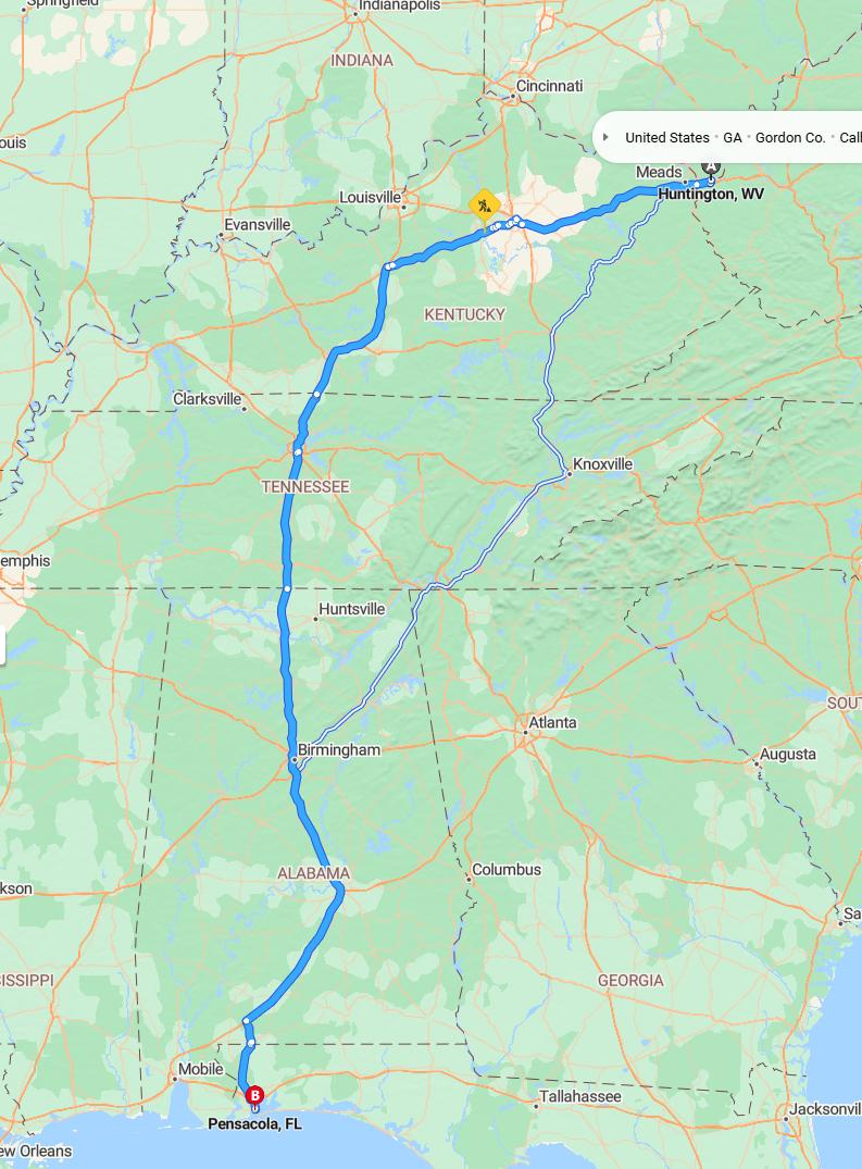 driving from Huntington, West Virginia to PensacolaFlorida - map and route