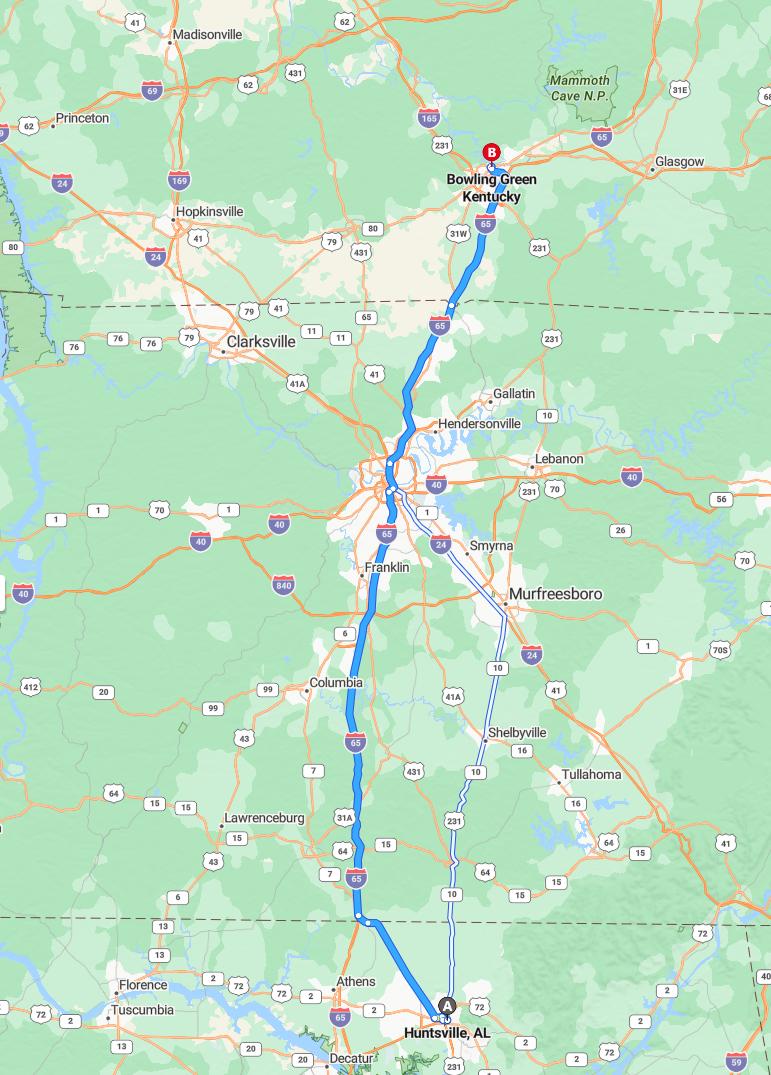 driving from Huntsville, Alabama to Bowling GreenKentucky - map and route