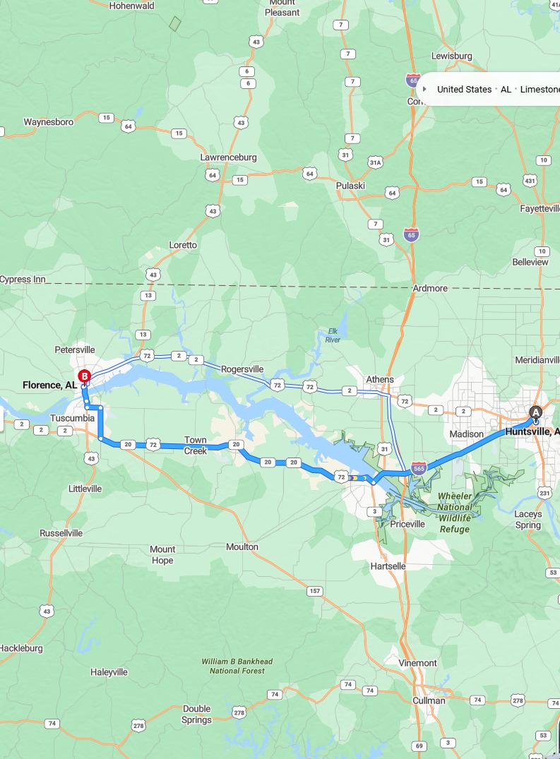 driving from Huntsville, Alabama to FlorenceAlabama - map and route