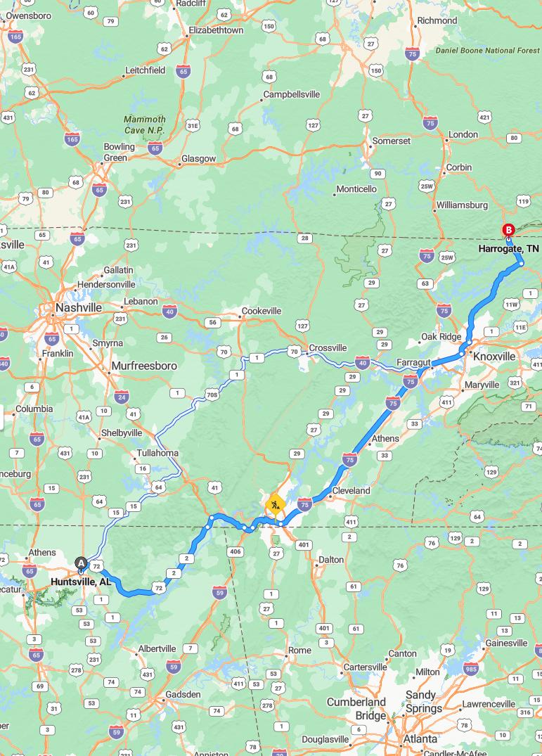 driving from Huntsville, Alabama to HarrogateTennessee - map and route