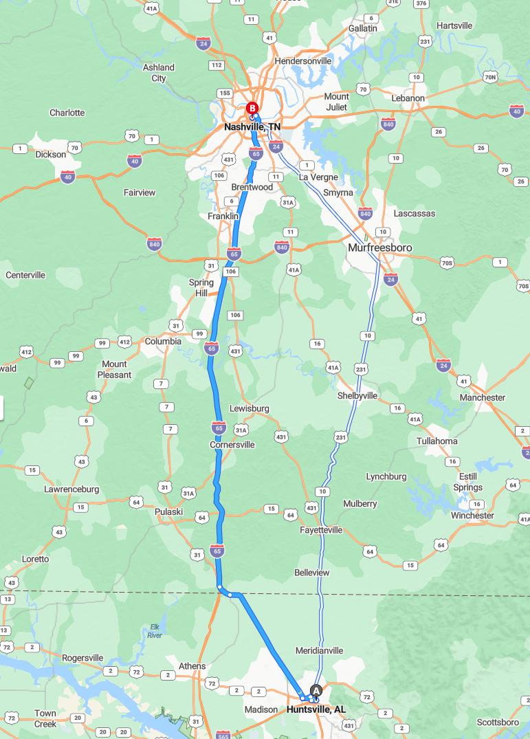 driving from Huntsville, Alabama to NashvilleTennessee - map and route