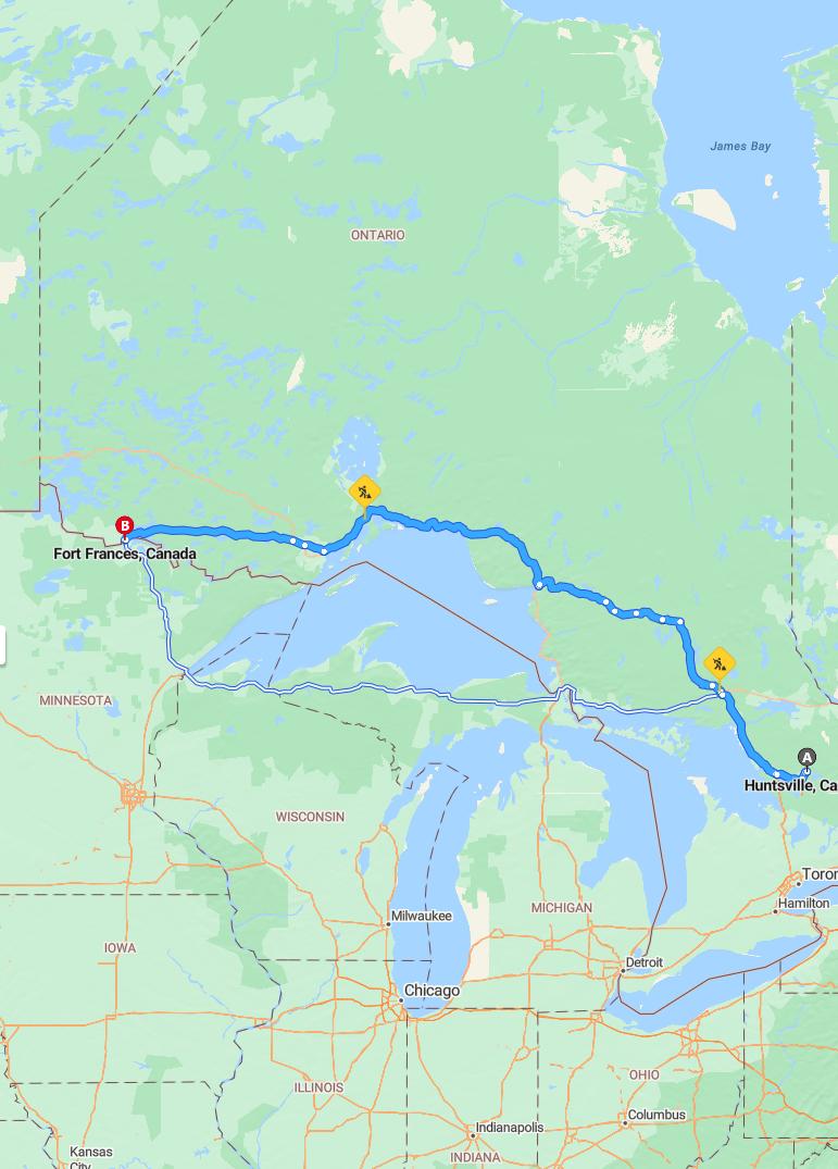 driving from Huntsville, Ontario to Fort FrancesOntario - map and route