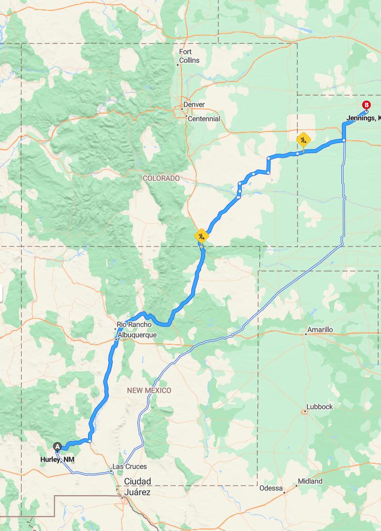 driving from Hurley, New Mexico to JenningsKansas - map and route