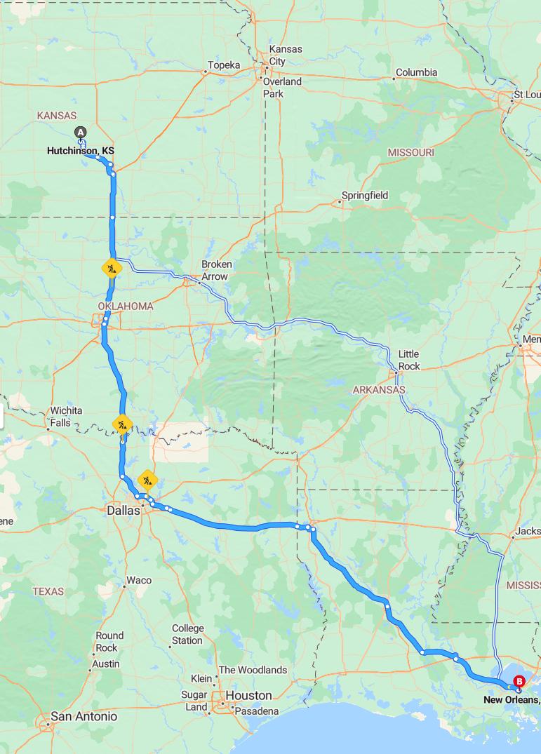 driving from Hutchinson, Kansas to New OrleansLouisiana - map and route