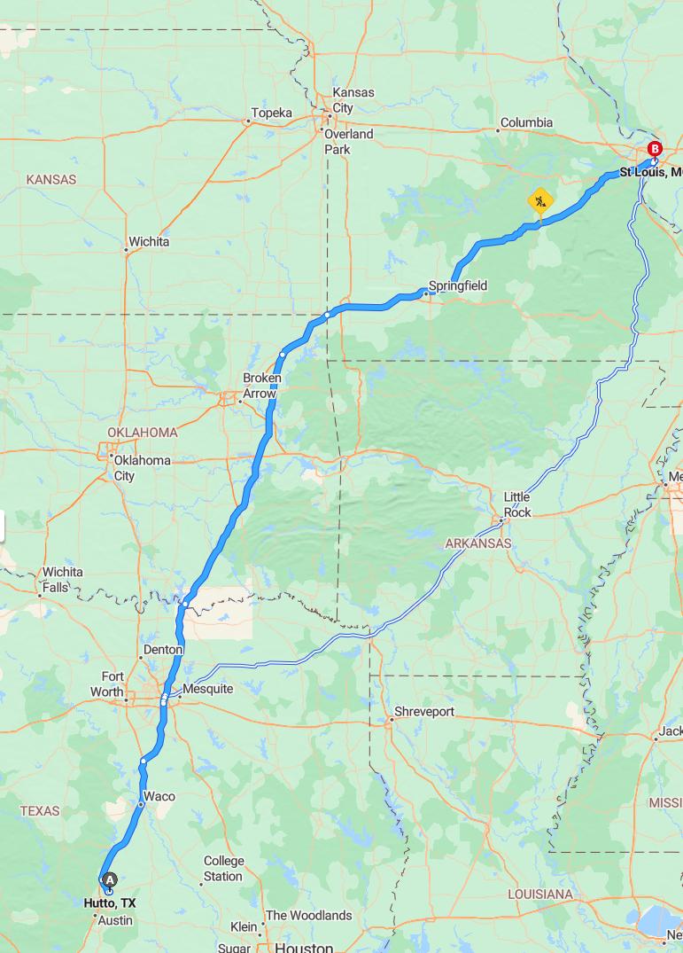 driving from Hutto, Texas to St. LouisMissouri - map and route