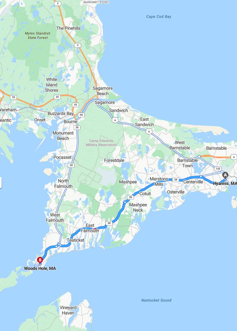 driving from Hyannis, Massachusetts to Woods HoleMassachusetts - map and route