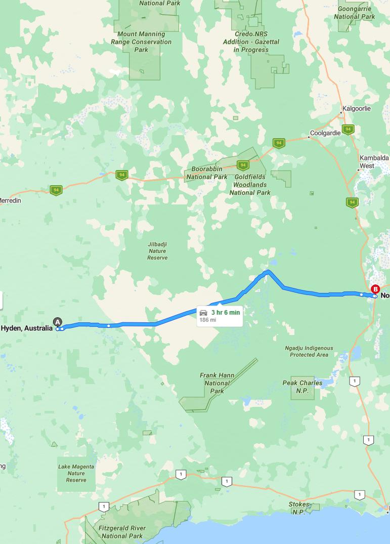 driving from Hyden, Western Australia to NorsemanWestern Australia - map and route