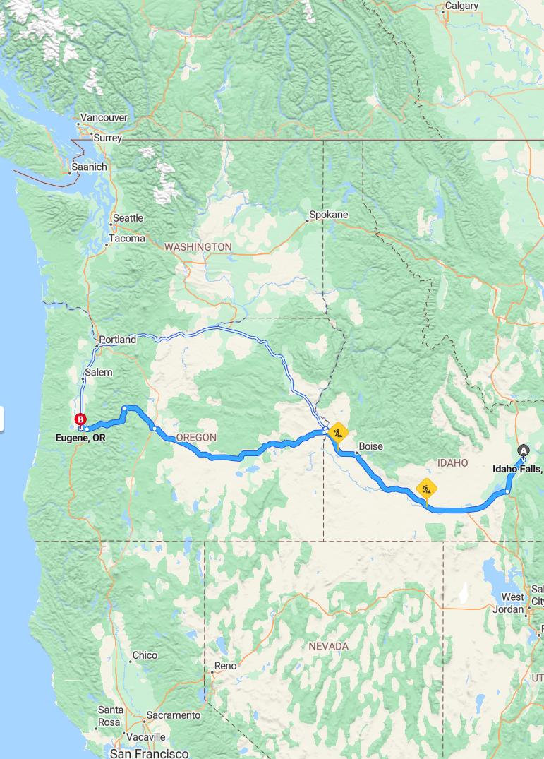 driving from Idaho Falls, Idaho to EugeneOregon - map and route