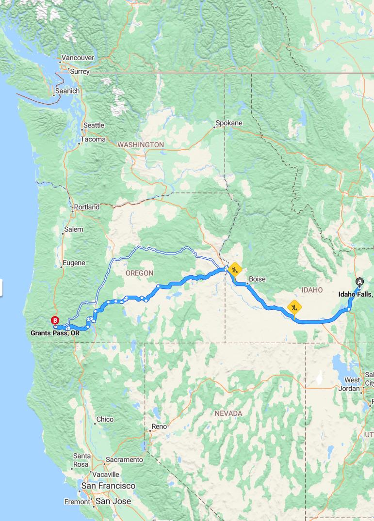 driving from Idaho Falls, Idaho to Grants PassOregon - map and route