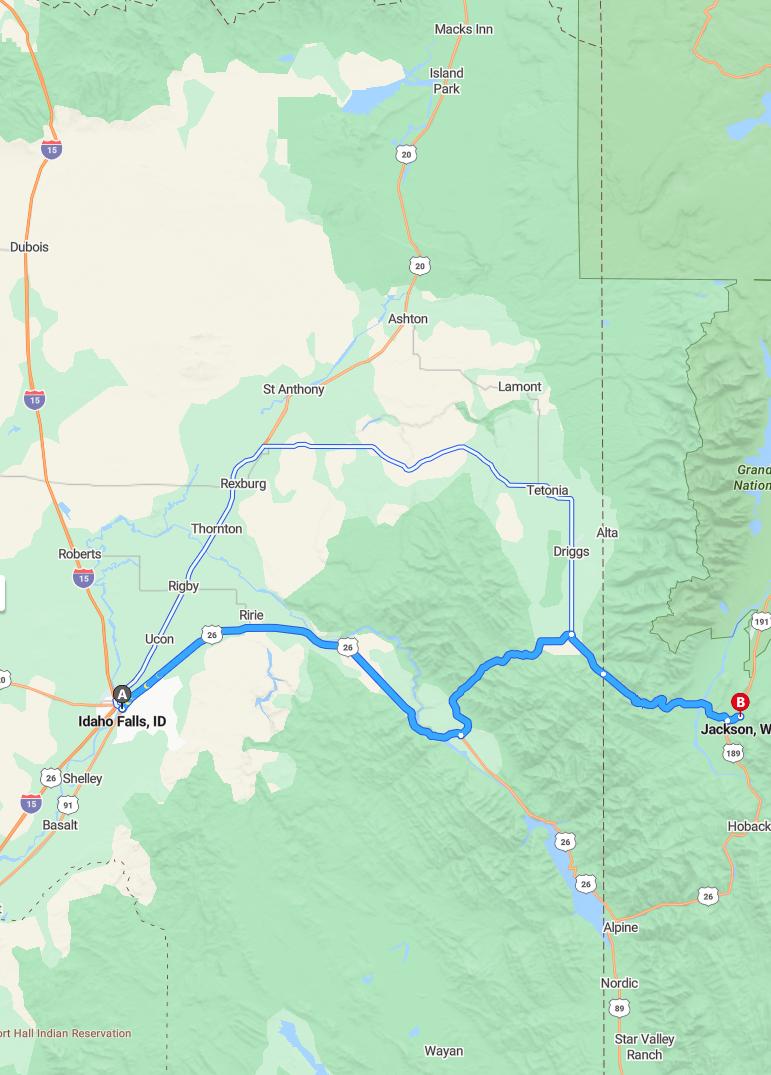 driving from Idaho Falls, Idaho to JacksonWyoming - map and route