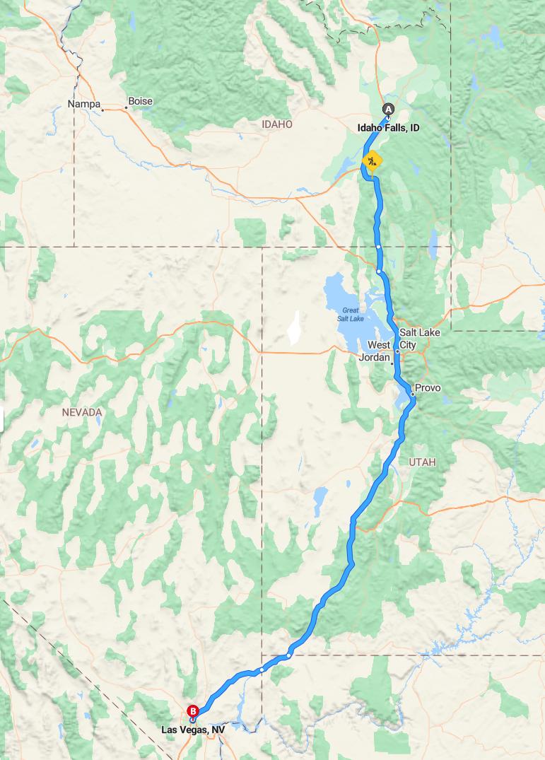 driving from Idaho Falls, Idaho to Las VegasNevada - map and route