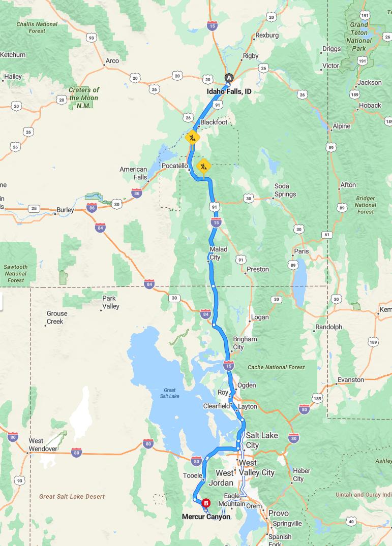 driving from Idaho Falls, Idaho to Mercur CanyonUtah - map and route