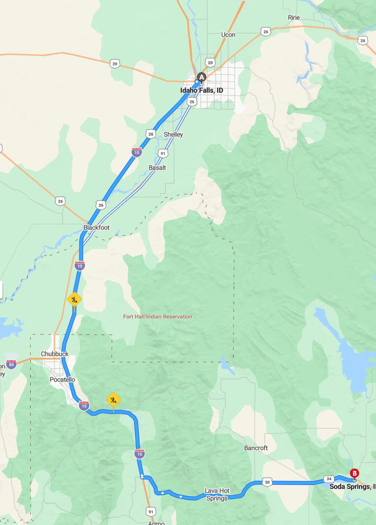 driving from Idaho Falls, Idaho to Soda SpringsIdaho - map and route
