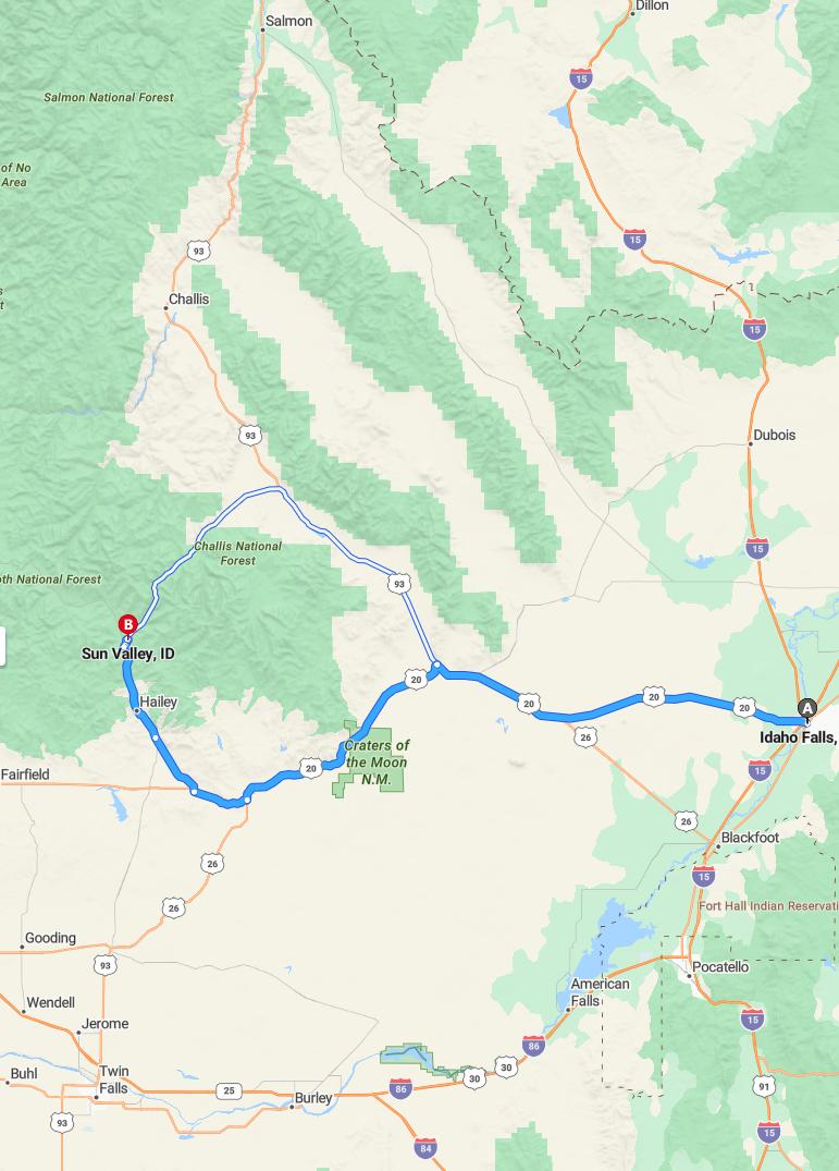driving from Idaho Falls, Idaho to Sun ValleyIdaho - map and route