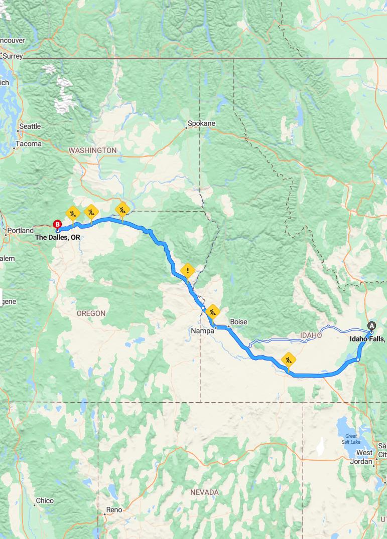 driving from Idaho Falls, Idaho to The DallesOregon - map and route