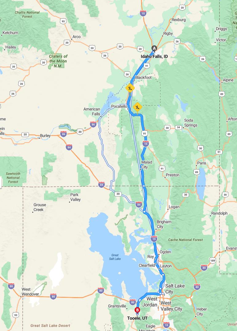 driving from Idaho Falls, Idaho to TooeleUtah - map and route