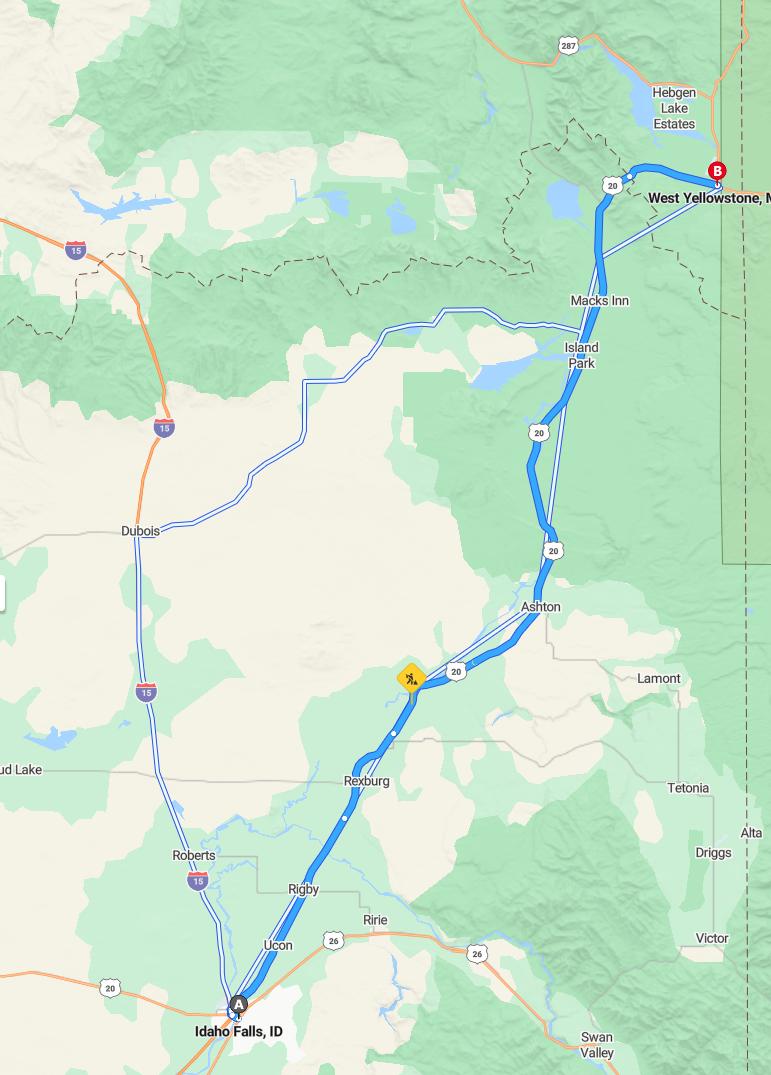driving from Idaho Falls, Idaho to West YellowstoneMontana - map and route