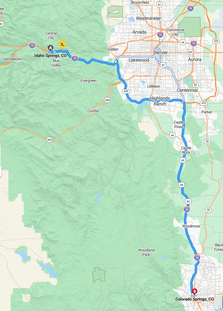 driving from Idaho Springs, Colorado to Colorado SpringsColorado - map and route