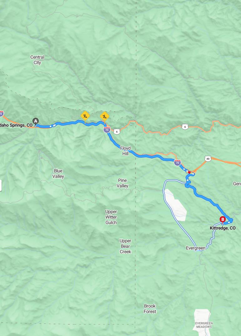 driving from Idaho Springs, Colorado to KittredgeColorado - map and route