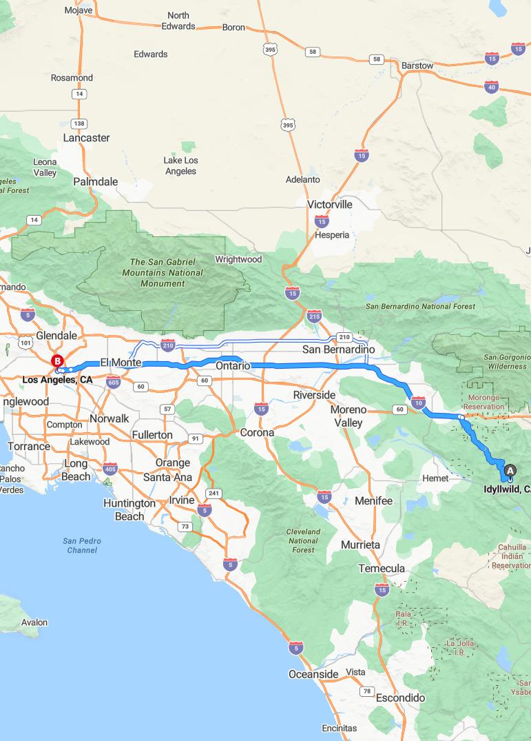 driving from Idyllwild, California to Los AngelesCalifornia - map and route