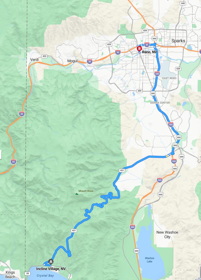 driving from Incline Village, Nevada to RenoNevada - map and route